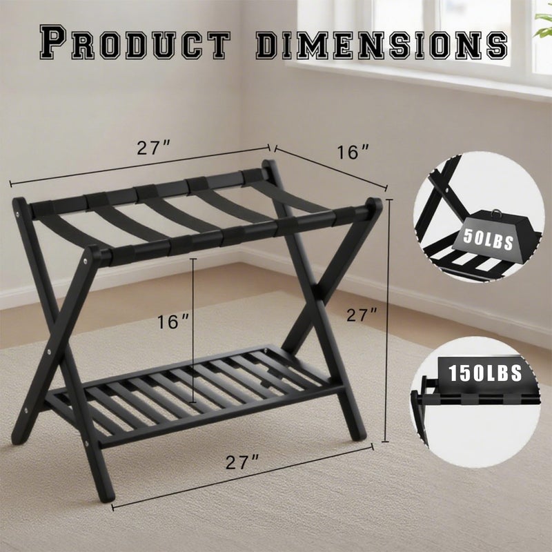 GAOHAPY Bamboo Luggage Rack with Shoe Shelf Folding Suitcase Stand with 5 Heavy-Duty Straps for Guest Room Living Room Hotel Ideal Luggage Holder for Suitcases Bags Shoes,Black - Image 4